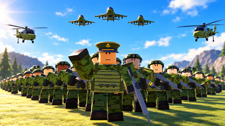 Promotional artwork of a commander, infantry formation, helicopters and aircraft.