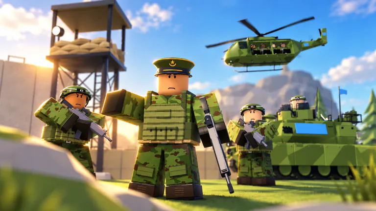 Promotional artwork of a commander beside infantry, an armoured vehicle and a helicopter.